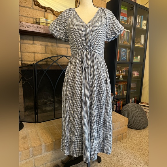 SOLD MADEWELL Embroidered Gingham Faux Wrap Tie Waist Midi Dress - Small - Picture 2 of 16
